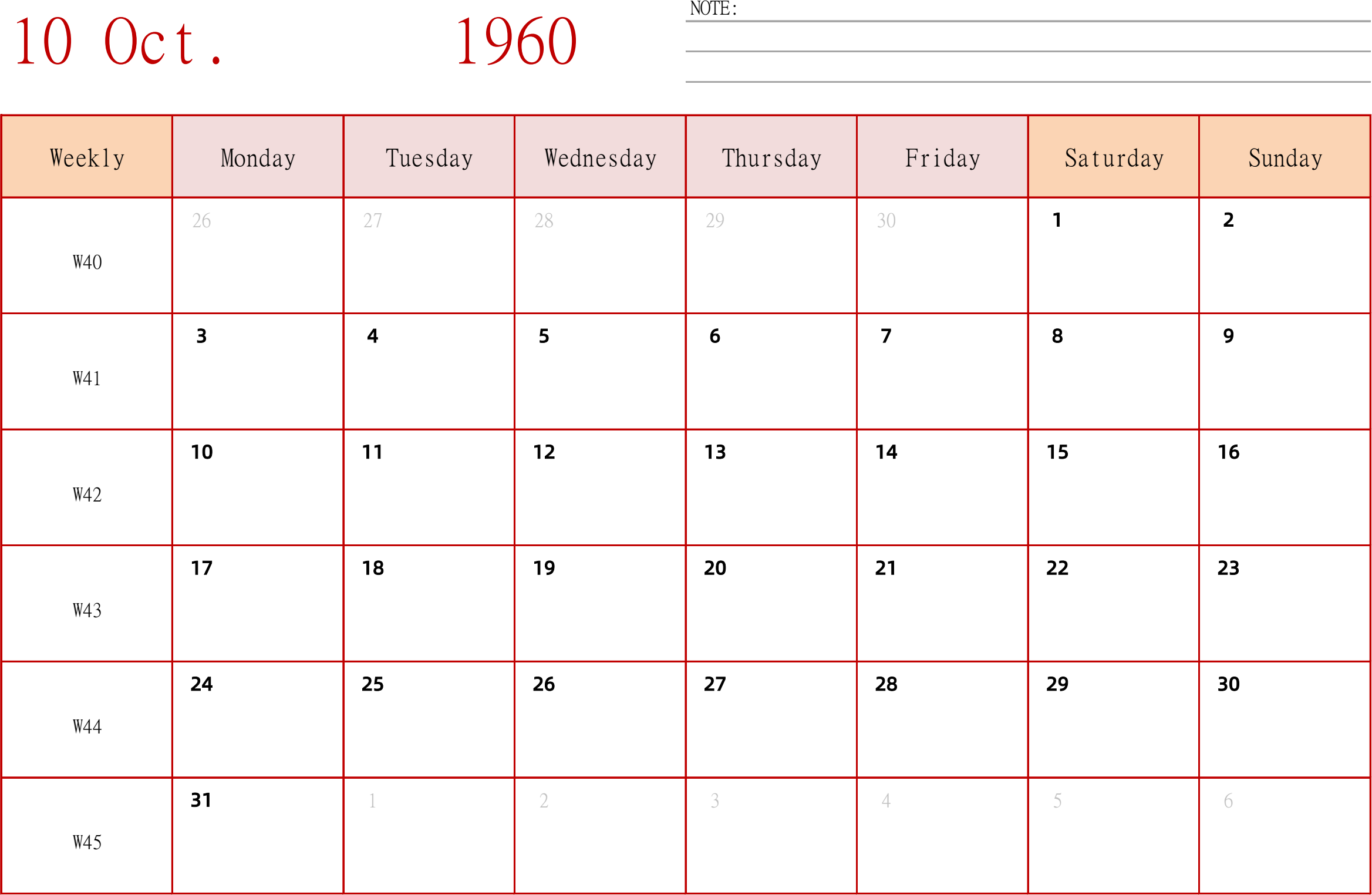 日历表1960年日历 英文版 横向排版 周一开始 带周数